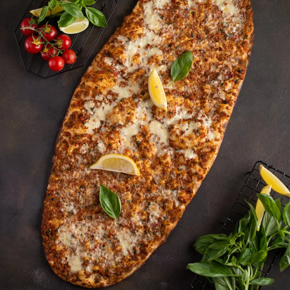 Ost lahmajo with meat and cheese, lemon and basil