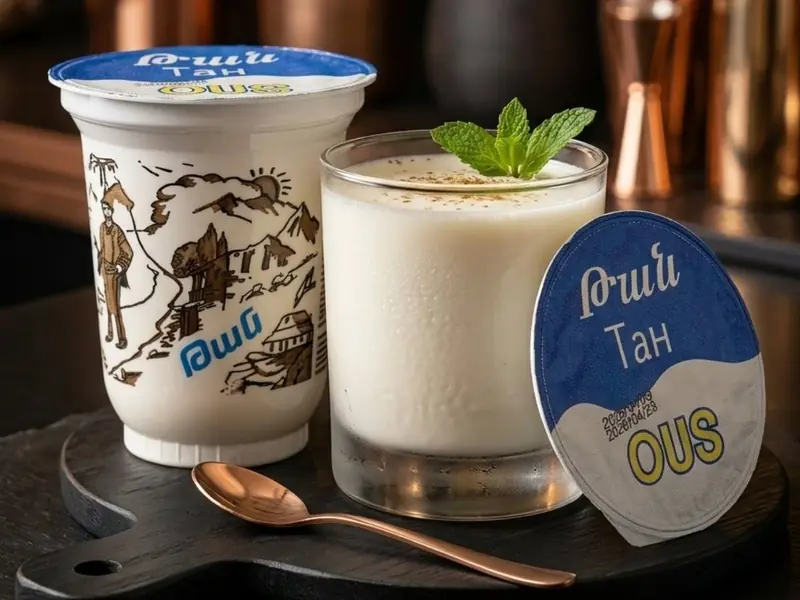 Ost tan: a still yoghurt drink in a branded cup and a glass with mint